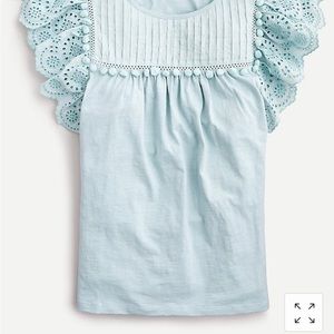 J.Crew flutter sleeve top with pom-pom trim, size medium, light blue